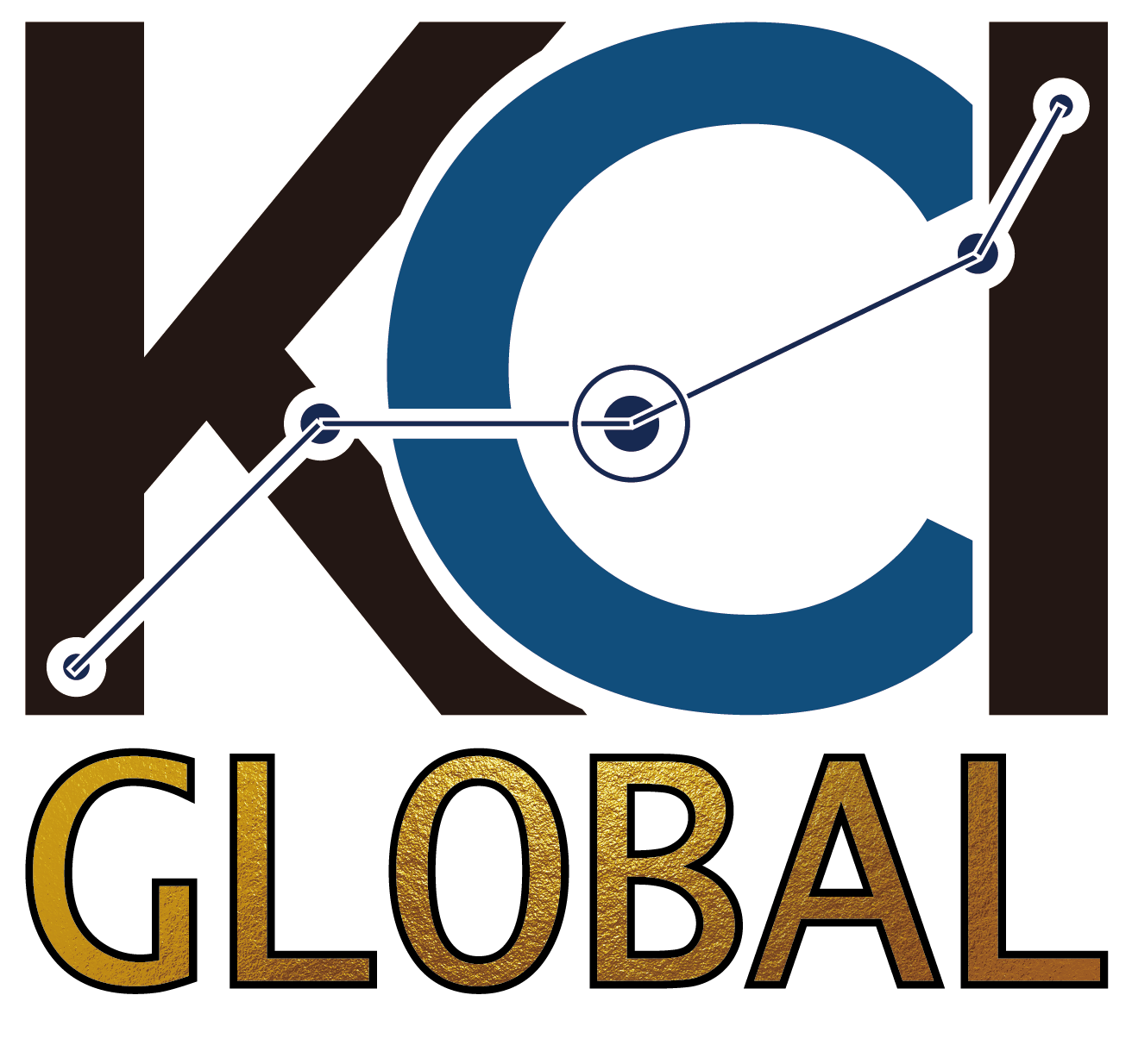 Logo of KCI Global, featuring bold black and blue letters 'KCI' with a stylized connecting line and nodes representing networking and growth. It also has the word 'Global' in Gold color outlined in black.